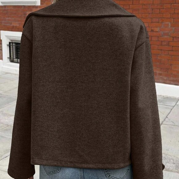 Coffee Brown Casual Women's Large Lapel Decorated Button Long Sleeve Coat - Picture 2 of 7